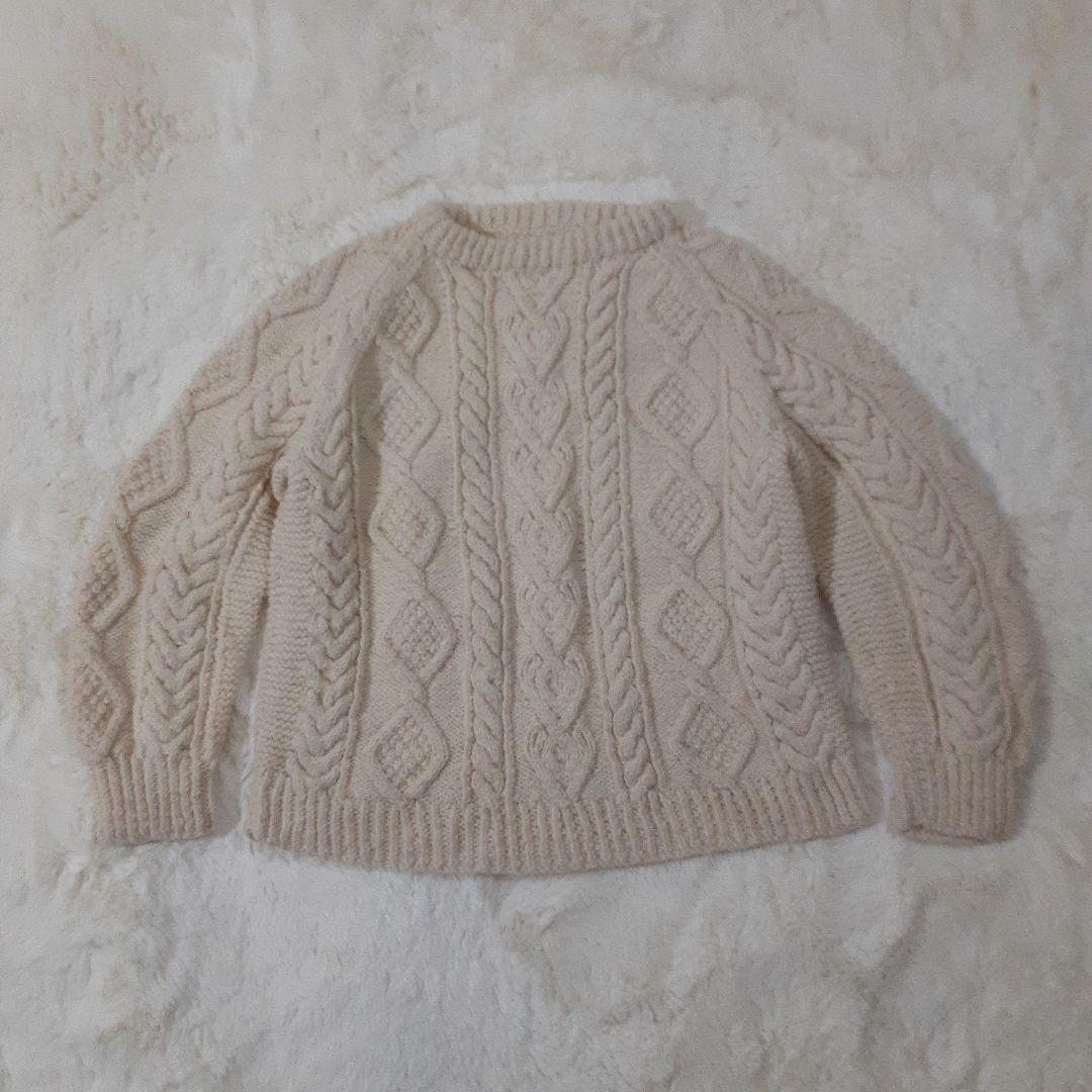 手編み　ハンドメイド　ケーブル編みニット　セーター　クルーネック　ウール　生成り