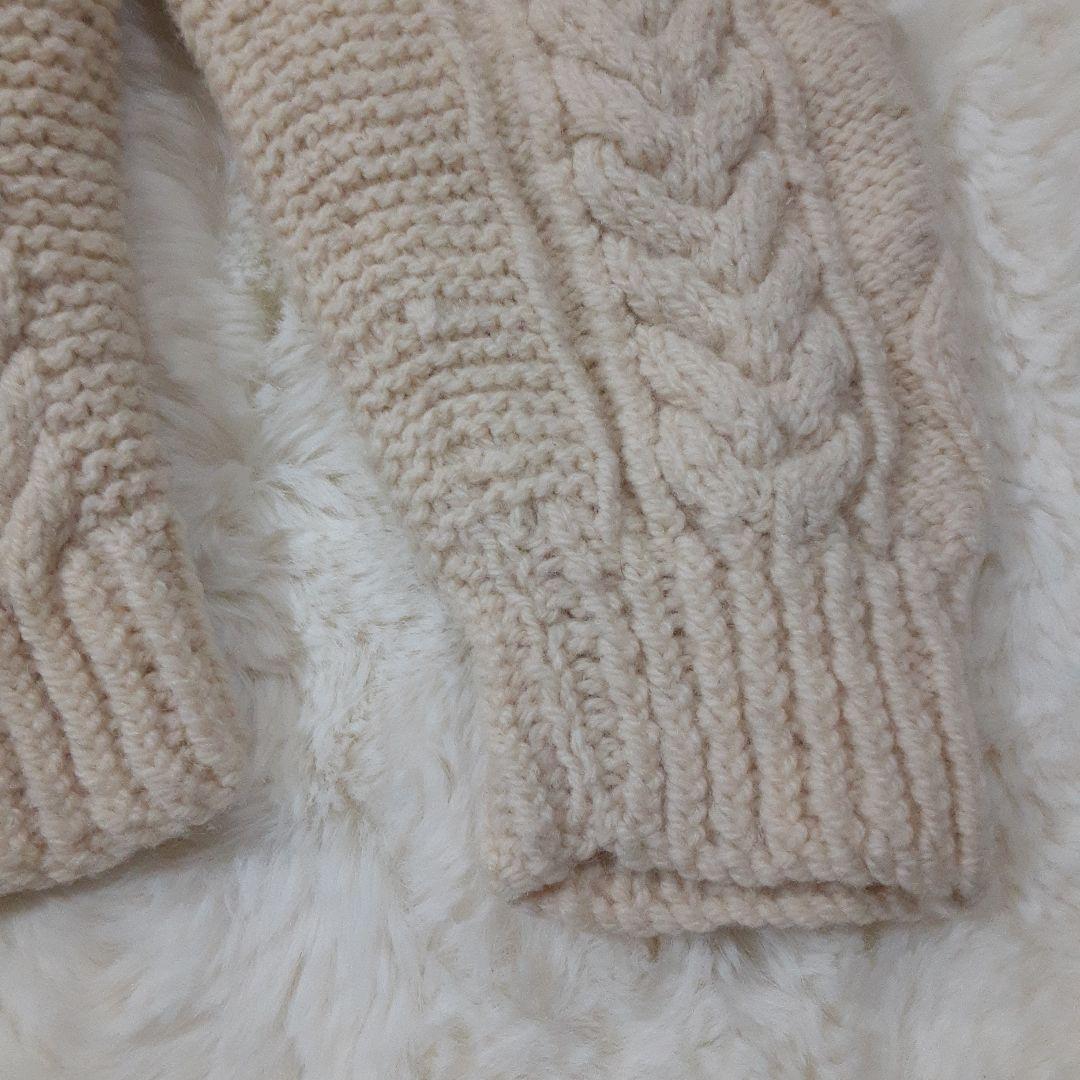 手編み　ハンドメイド　ケーブル編みニット　セーター　クルーネック　ウール　生成り