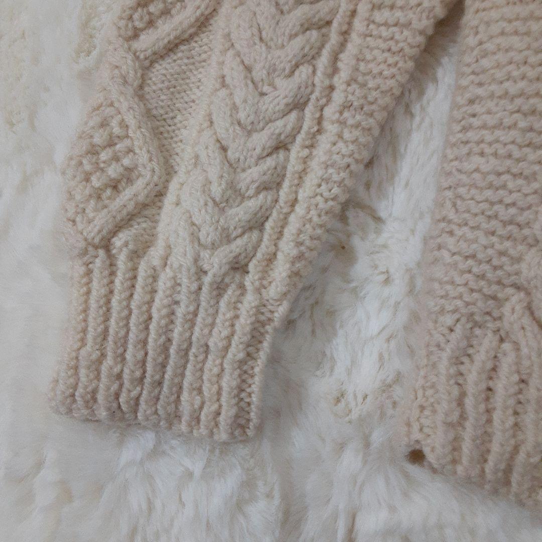 手編み　ハンドメイド　ケーブル編みニット　セーター　クルーネック　ウール　生成り