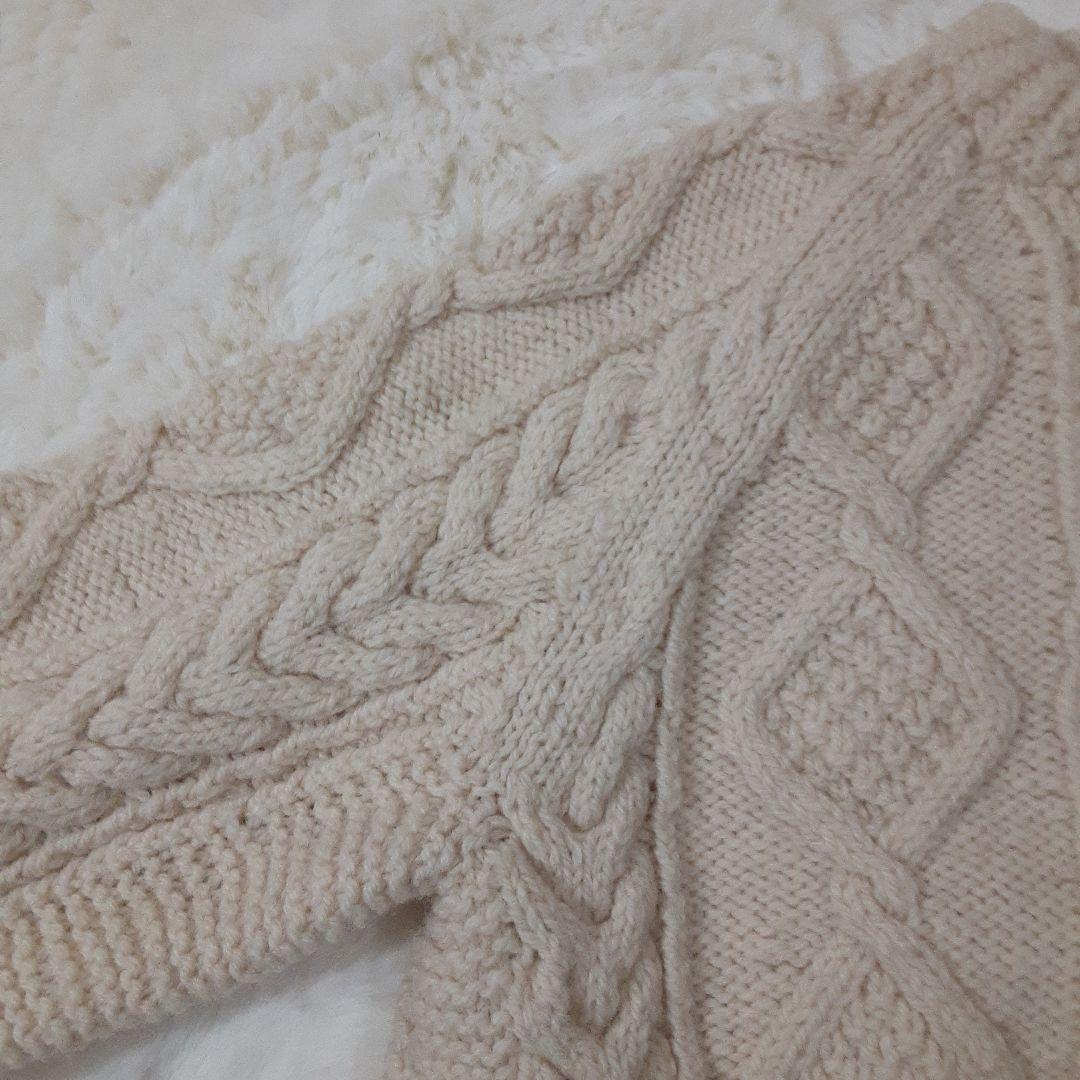 手編み　ハンドメイド　ケーブル編みニット　セーター　クルーネック　ウール　生成り