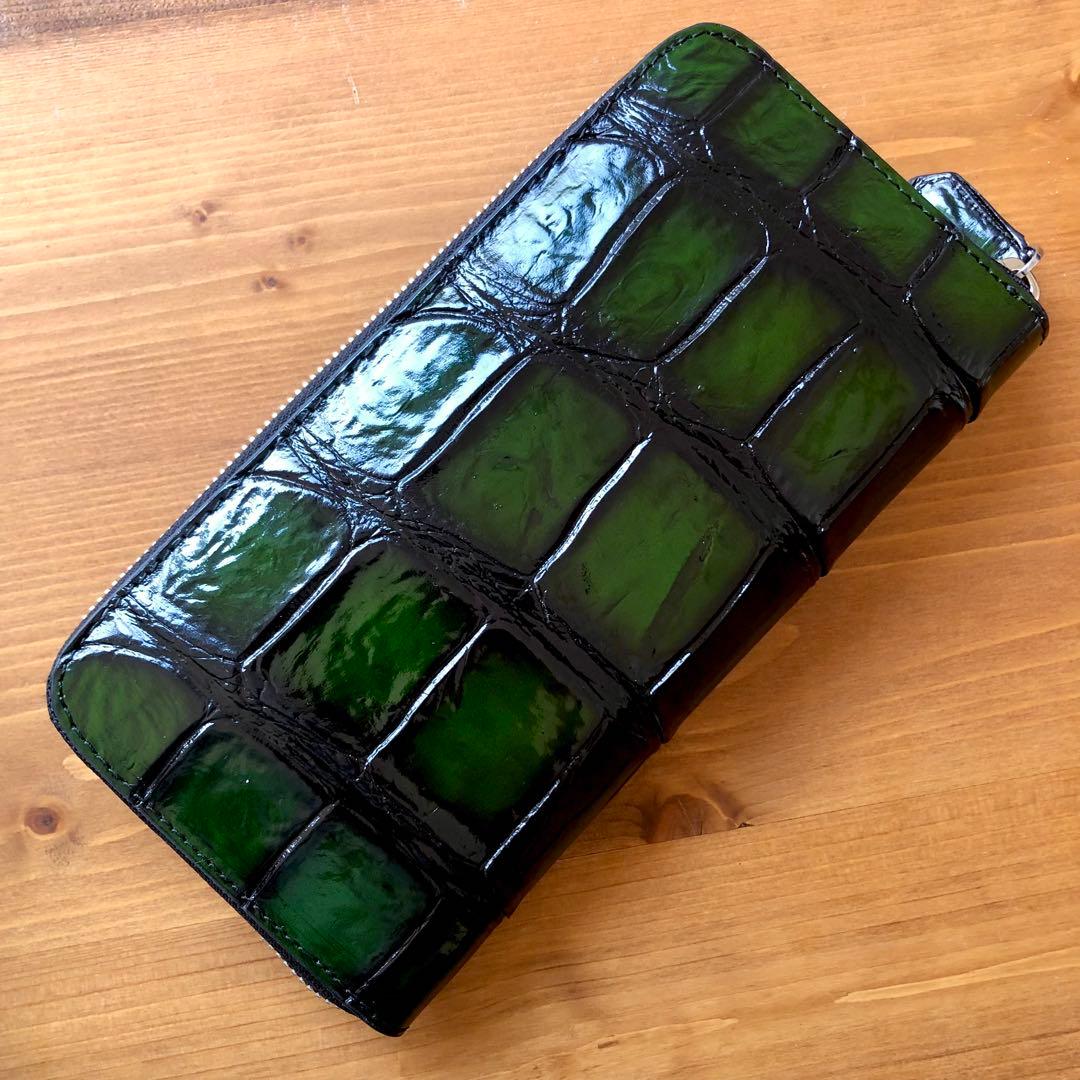 み*ん様 クロコダイル 長財布 高級 一枚革メンズ レディース　緑グリーン　ブラ