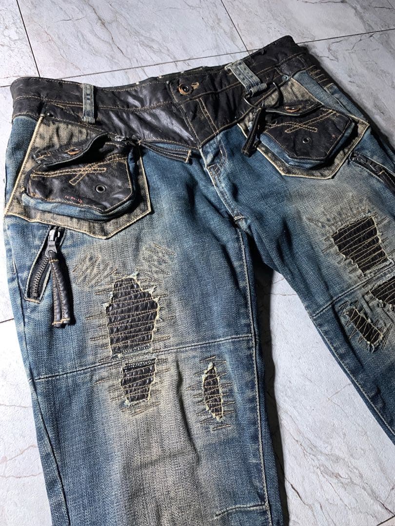 00s PPFM archive 立体 フェイクレザー ダメージ デニム Y2K