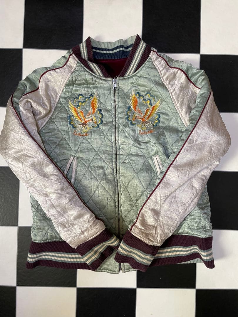 別珍スカジャン　淡い赤色　メンズ　リバーシブル　レアサイズ　短丈