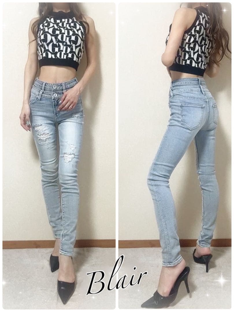 即日発送！GYDA Wウエストダメージスキニーデニムパンツ アイスブルー