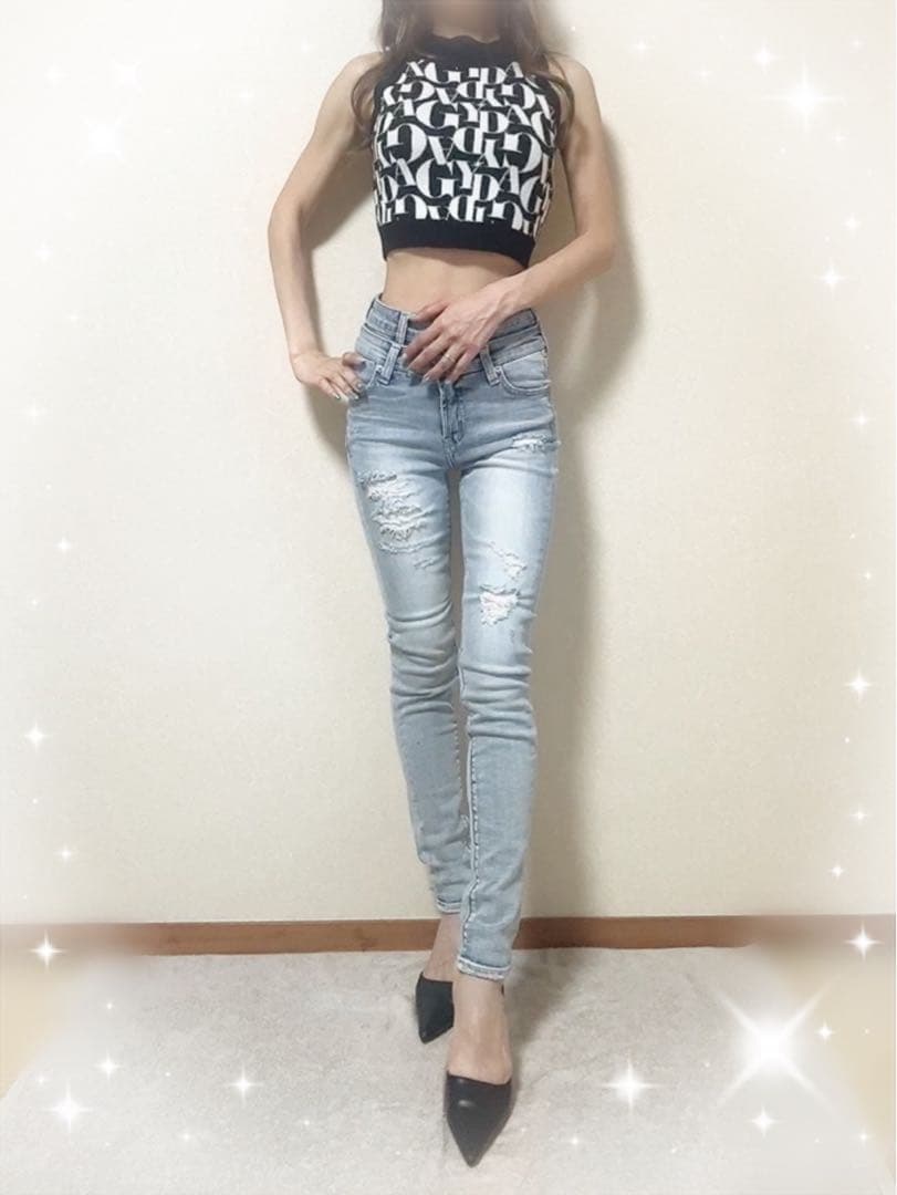 即日発送！GYDA Wウエストダメージスキニーデニムパンツ アイスブルー