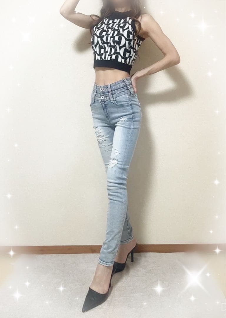 即日発送！GYDA Wウエストダメージスキニーデニムパンツ アイスブルー