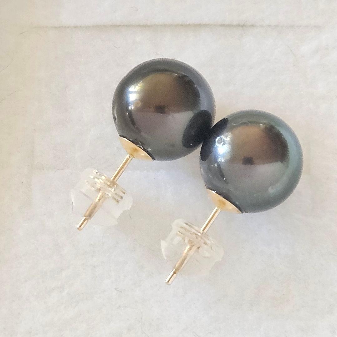 タヒチ黒蝶真珠9.7mm 14Kイエローゴールド スタッドピアス