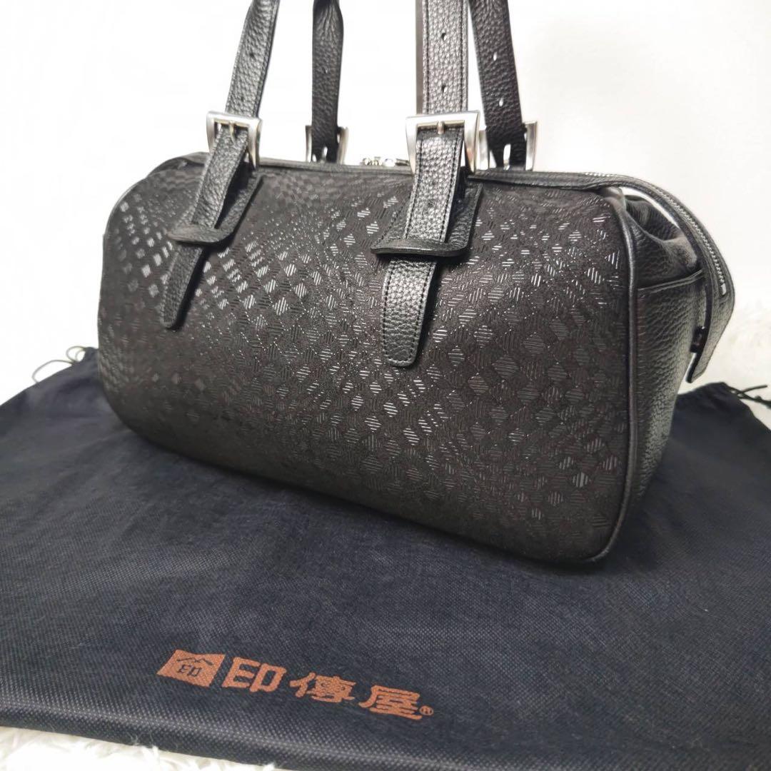 印傳屋 インデンヤ レザー 鹿革 ミニボストンバッグ ブラック