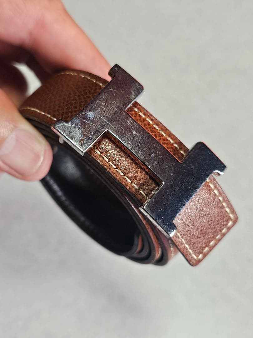 エルメス H型バックル リバーシブルレザーベルト 保存袋付き 87cm
