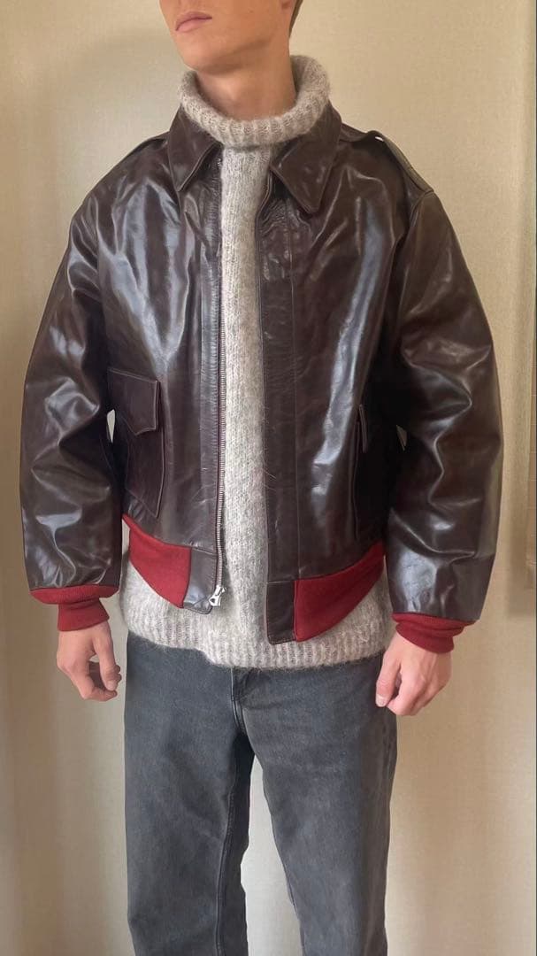 在庫処分　赤リブ　A−2 フライトジャケット　牛革 レザージャケット3XL（46