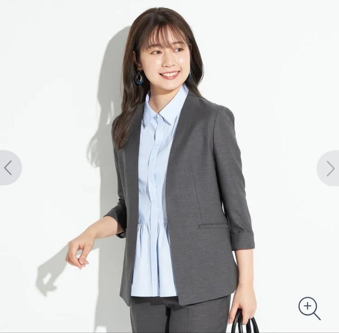 アオキ⭐️麻調 ノーカラー 七分袖 セットアップ パンツ スーツLES MUSE