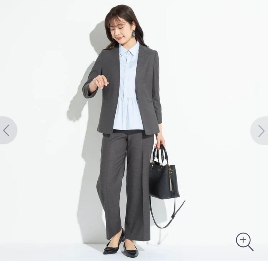 アオキ⭐️麻調 ノーカラー 七分袖 セットアップ パンツ スーツLES MUSE