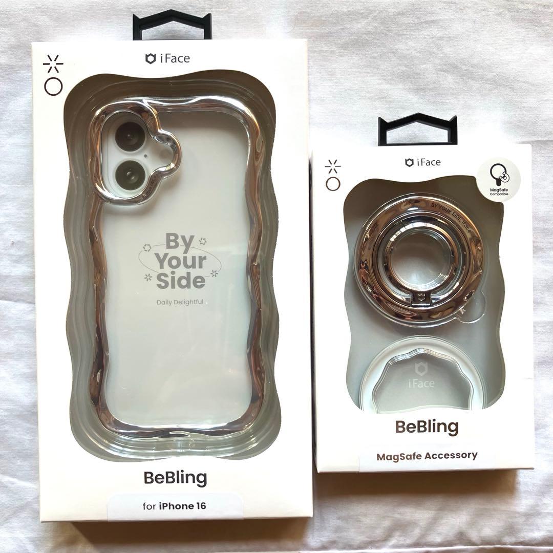新品iFace BeBling for iPhone 16シルバーとリングセット