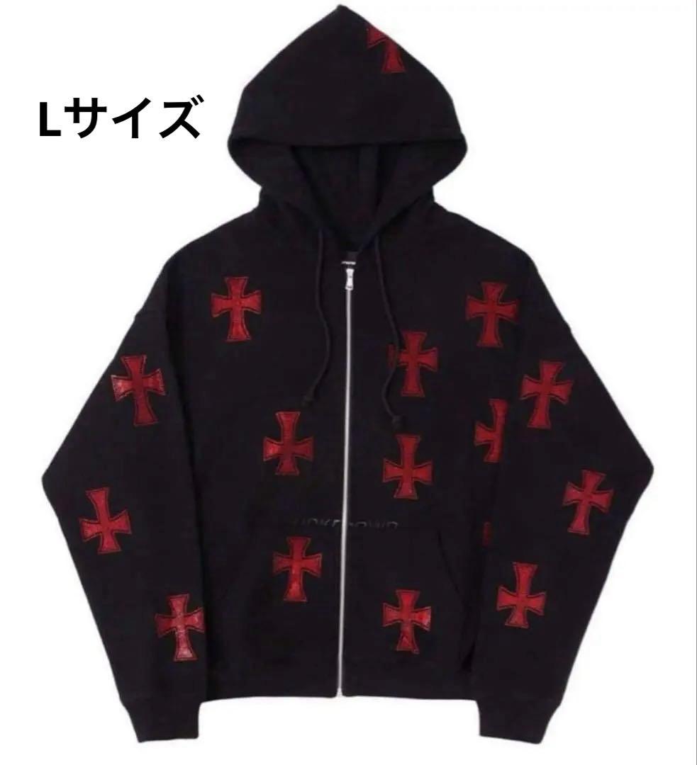 Unknown London 十字架 ラインストーン 黒 赤 パーカー Lサイズ