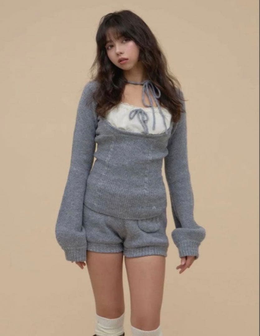 トップス andmary Raven gather setup gray