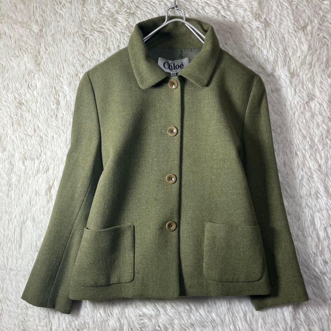 美品 Chloé クロエ ウールカシミヤジャケット シングルボタン カーキ L