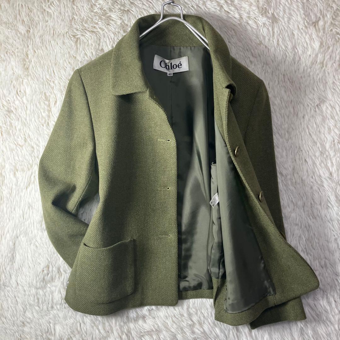 美品 Chloé クロエ ウールカシミヤジャケット シングルボタン カーキ L