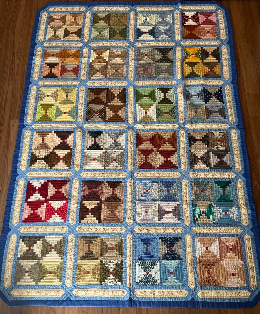 【講師作品】パッチワークキルト ベッドカバー マルチカバー ログキャビン