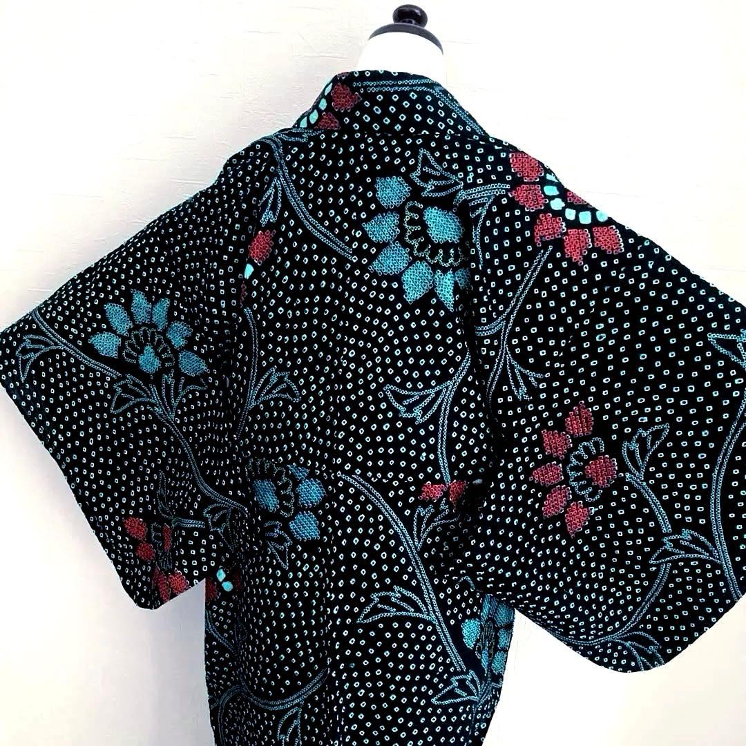 有松絞り　浴衣　手縫い上質浴衣　美品　黒・ターコイズNo.2-130