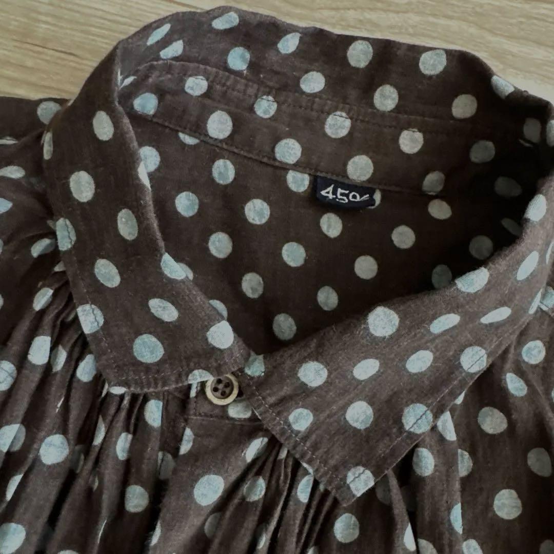 45R インドカディ 水玉プリントのくしゅくしゅブラウス 茶 フリーサイズ