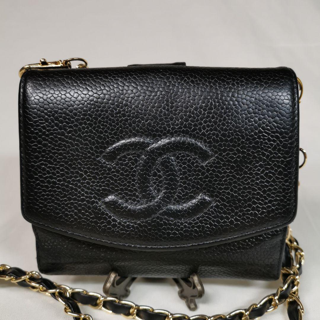 【美品】シャネルCHANELキャビアスキン財布 ココマーク 黒 新品ショルダー付