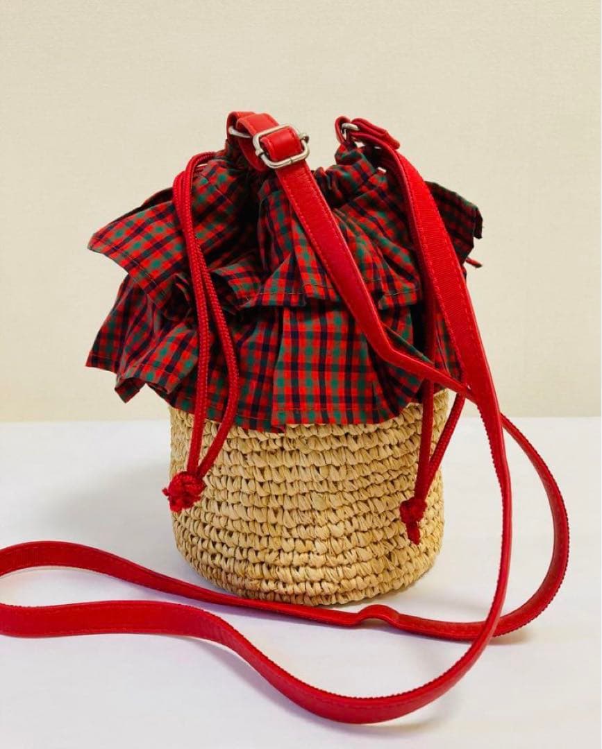 ファミリア かごポシェット 赤チェック 新品未使用