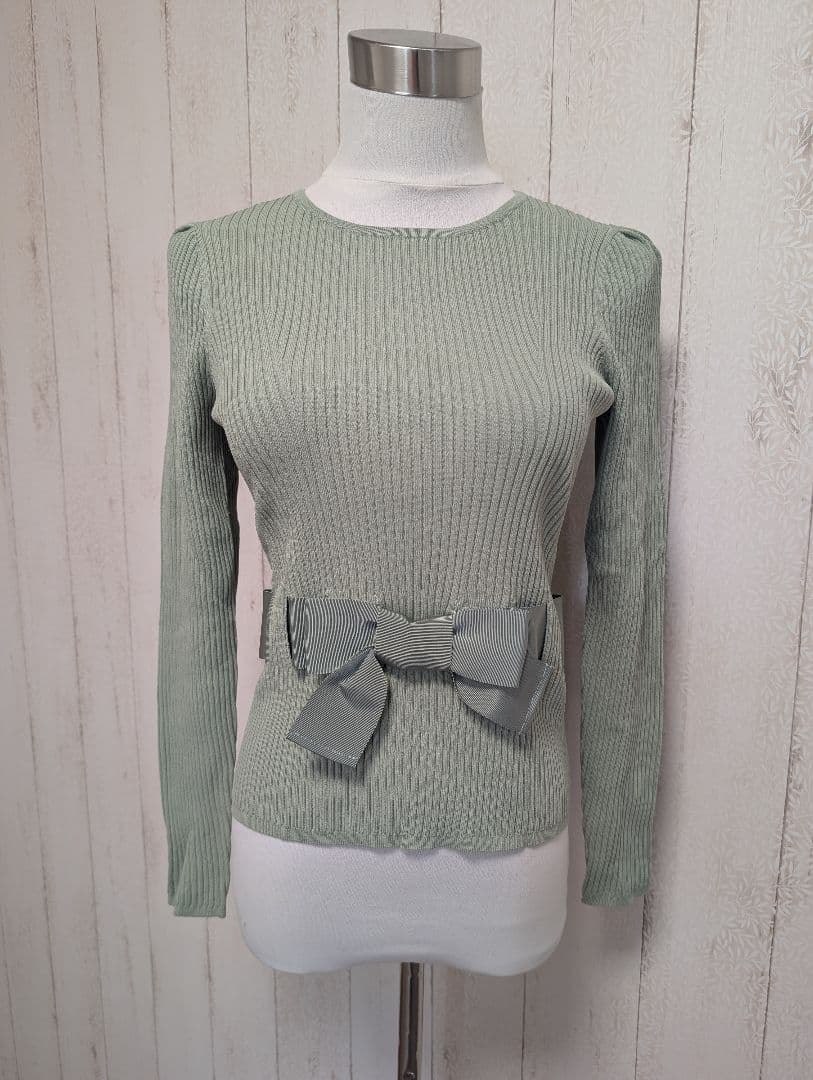 (未使用品タグ付き)エムズグレイシー38リボン付きミントグリーン長袖ニット