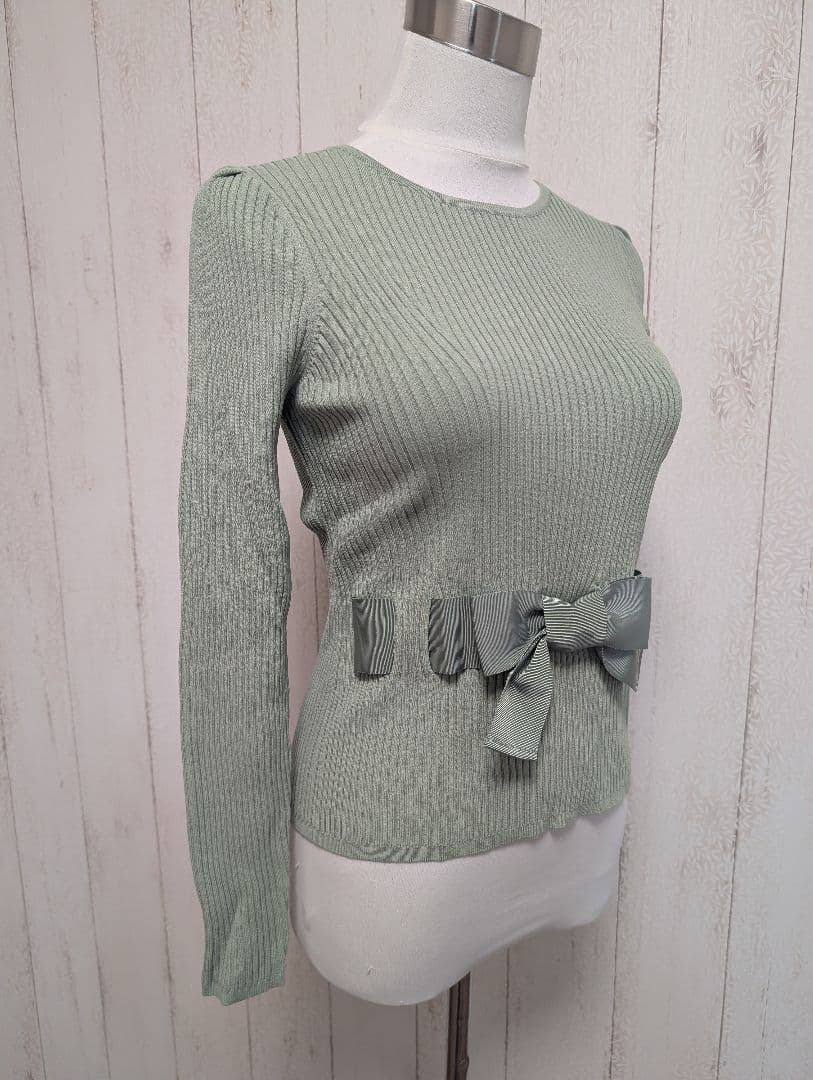 (未使用品タグ付き)エムズグレイシー38リボン付きミントグリーン長袖ニット