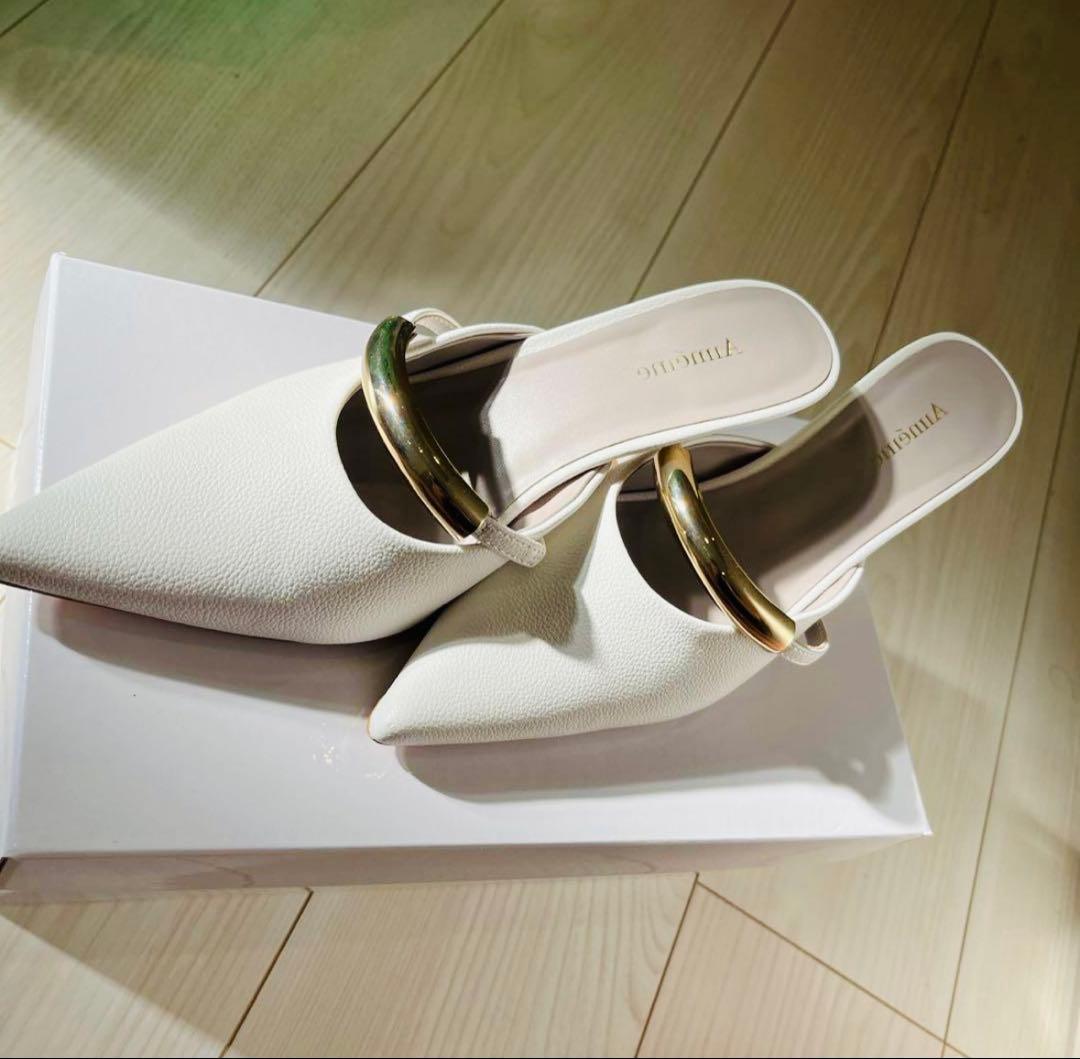 新品・未使用＊Aimeine ゴールドモチーフポインテッドミュール(ホワイト)Ｌ