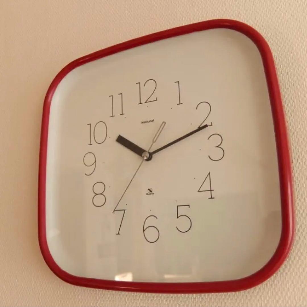【美品】70’sナショナルクロック 掛時計 鮮烈レッドのラウンデッドレクタングル