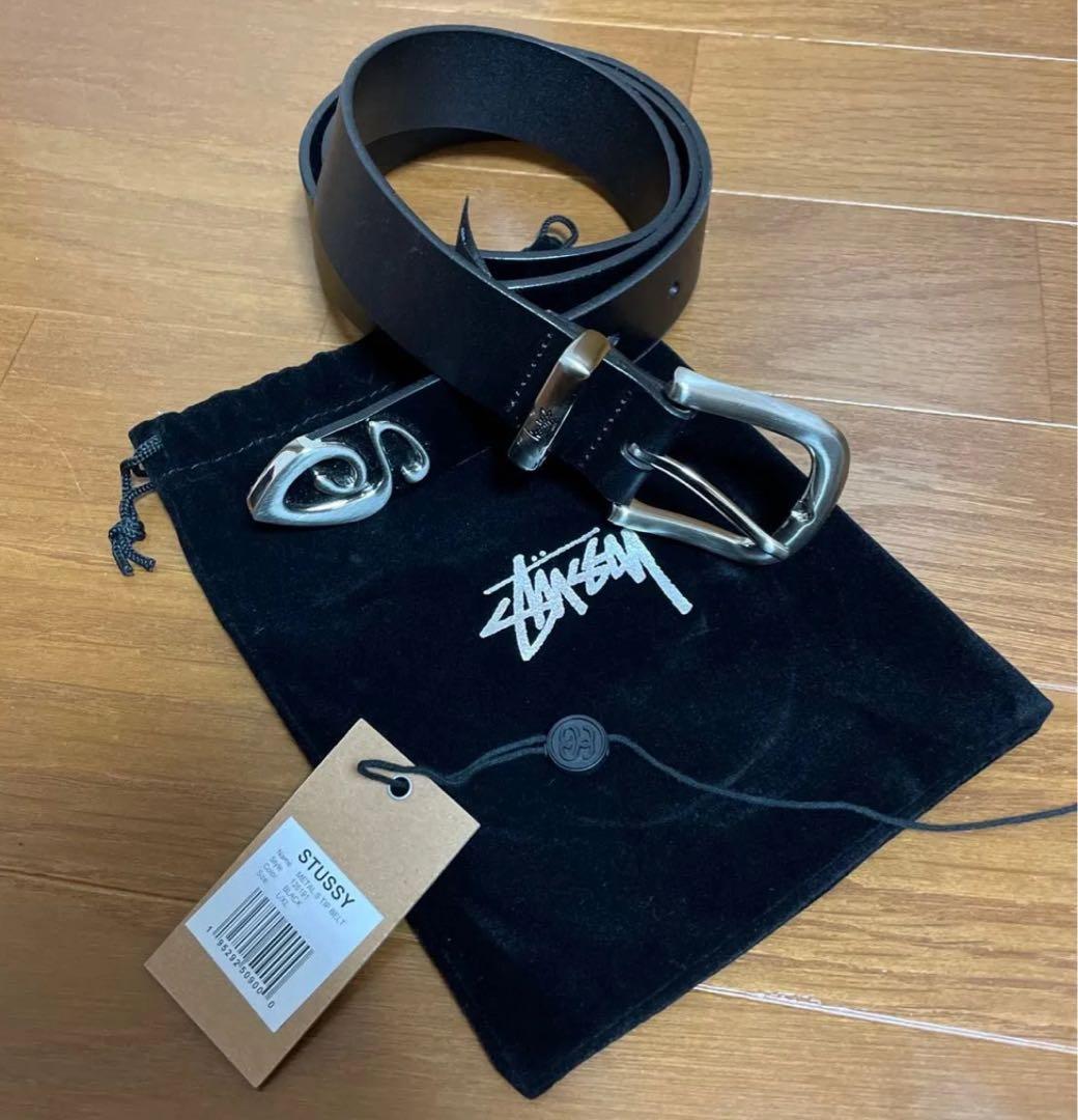 Stussy ブラックレザー ベルト L/XL