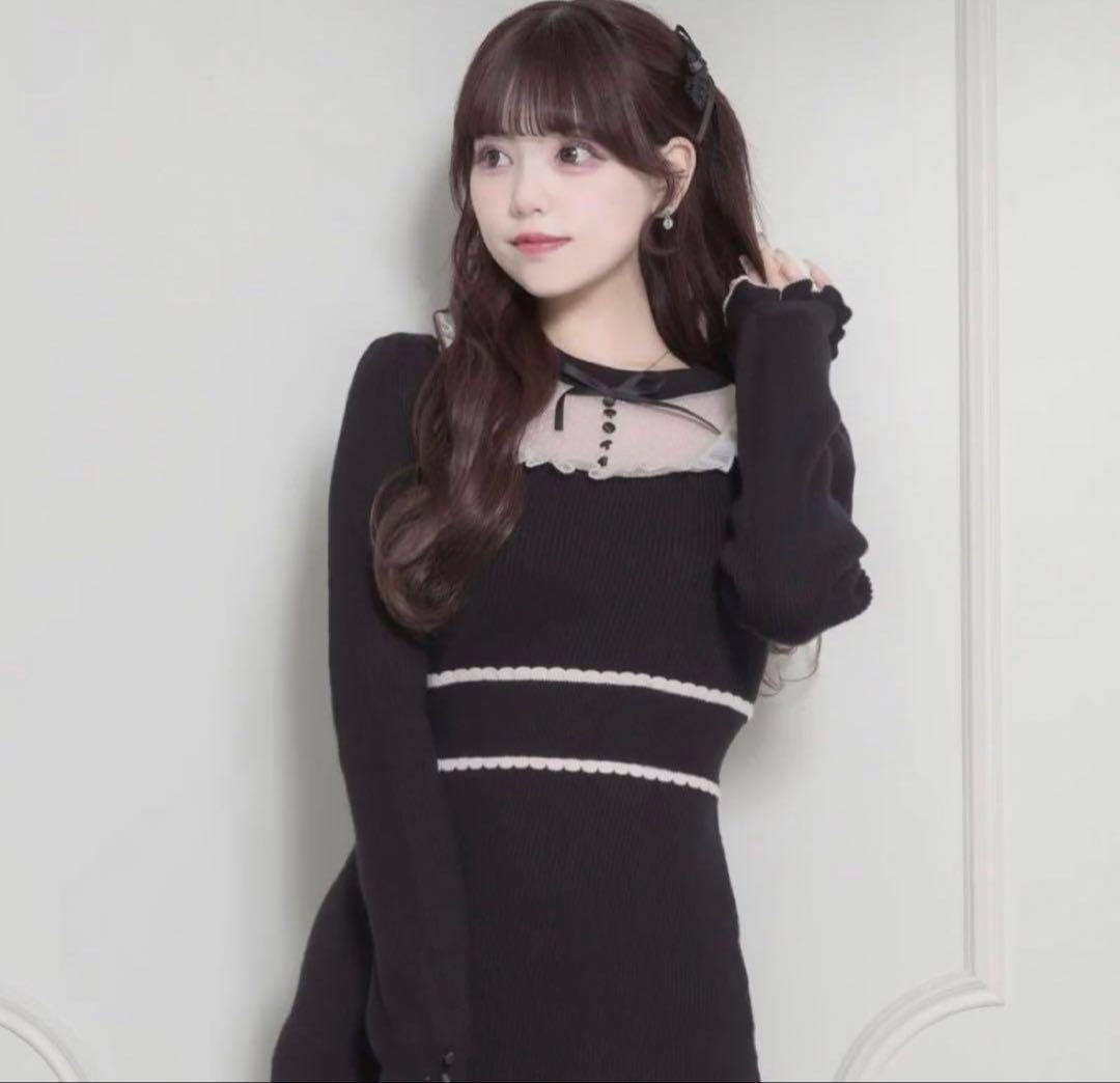 ♥ pium チュールフリルドーリーニットワンピース - ブラック ♥