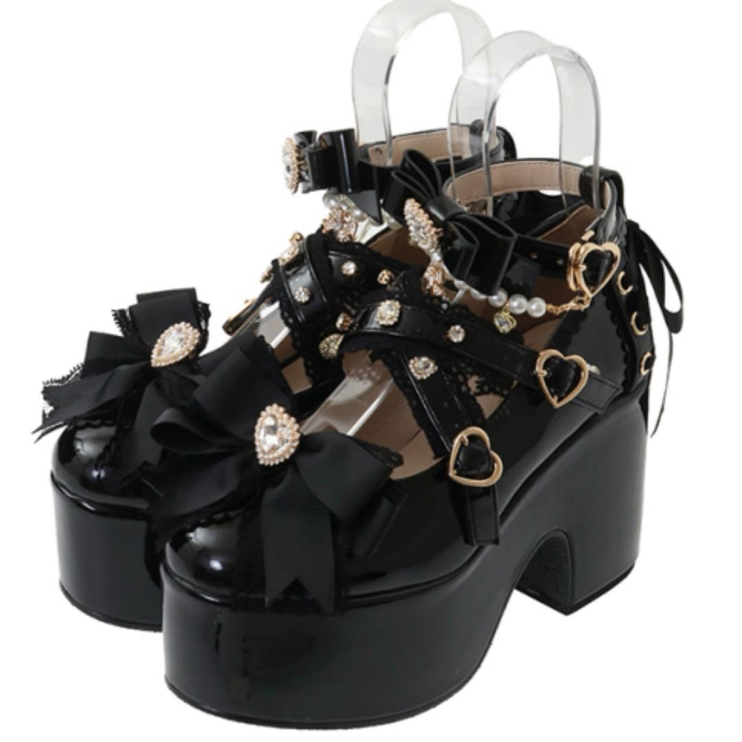 lizlisa クロスストラップリボンパンプス ブラックエナメル　Mサイズ