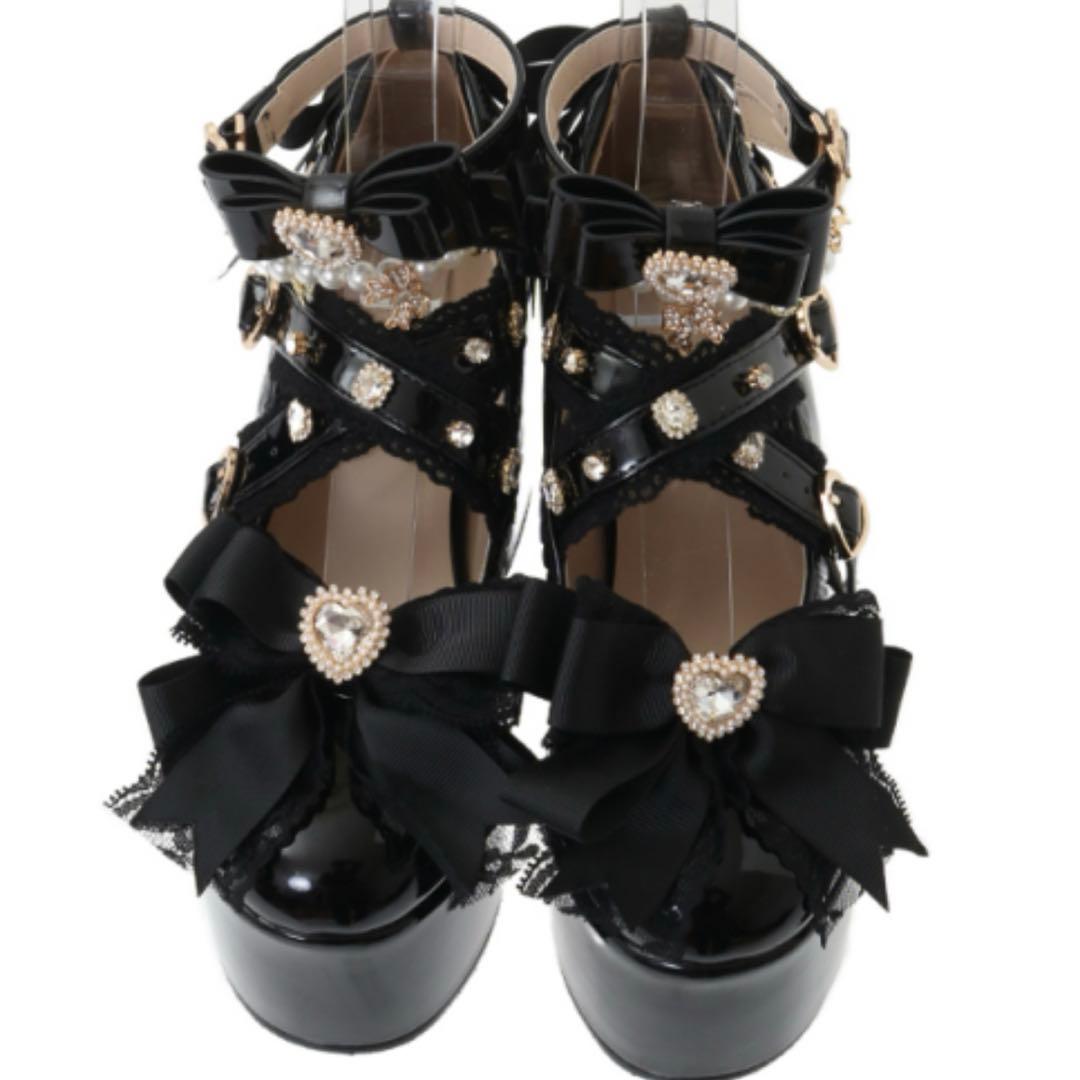 lizlisa クロスストラップリボンパンプス ブラックエナメル　Mサイズ