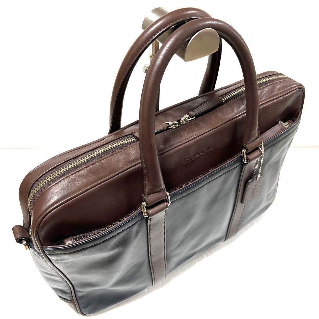 【良品】COACH コーチ ビジネスバッグ ネイビー×ブラウン 71066