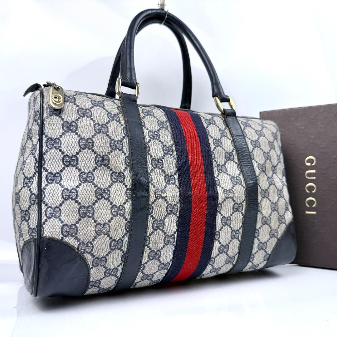 オールドグッチ シェリーライン GG柄 ボストン ハンドバッグ ネイビー