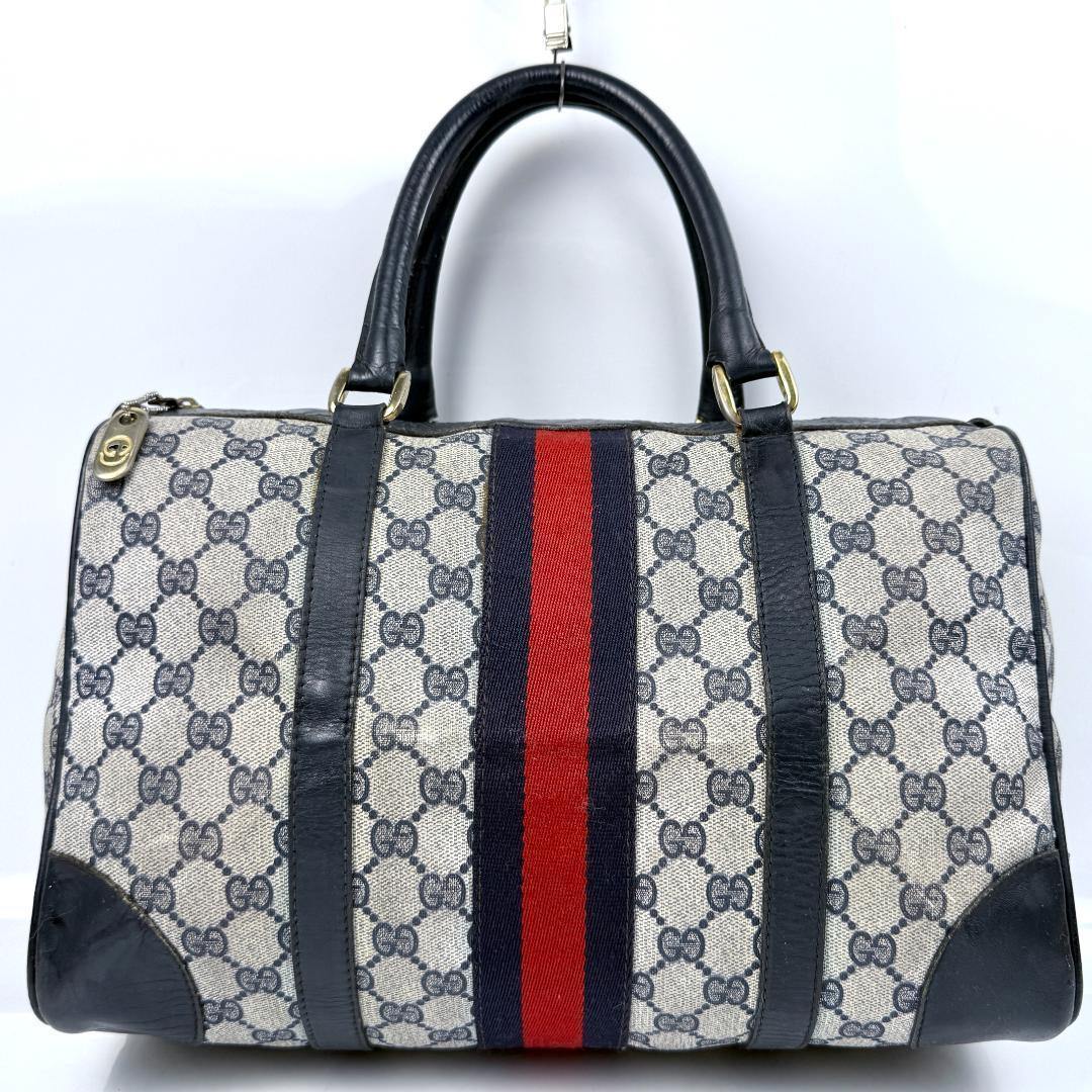 オールドグッチ シェリーライン GG柄 ボストン ハンドバッグ ネイビー