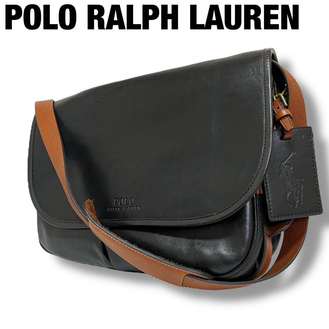 美品 ポロラルフローレン メッセンジャーバッグ レザー ブラック A4収納可