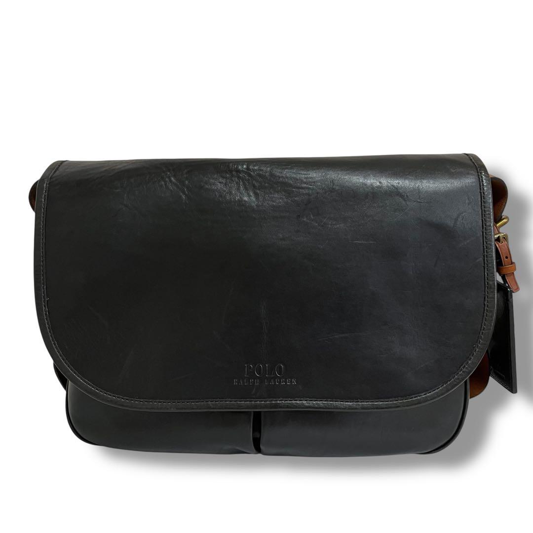 美品 ポロラルフローレン メッセンジャーバッグ レザー ブラック A4収納可
