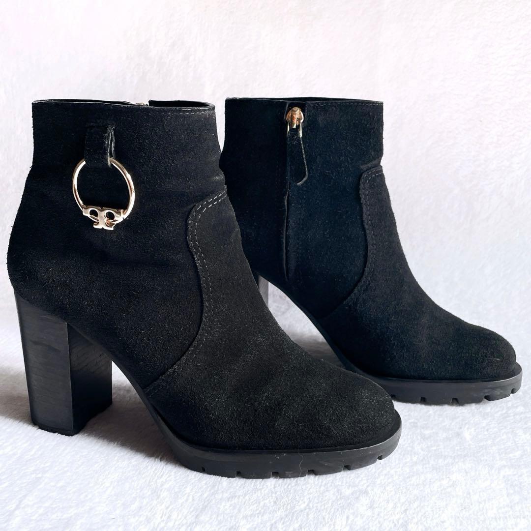 トリーバーチ スゥェード ブーツ ゴールド金具 サイドジップ 太ヒール 黒