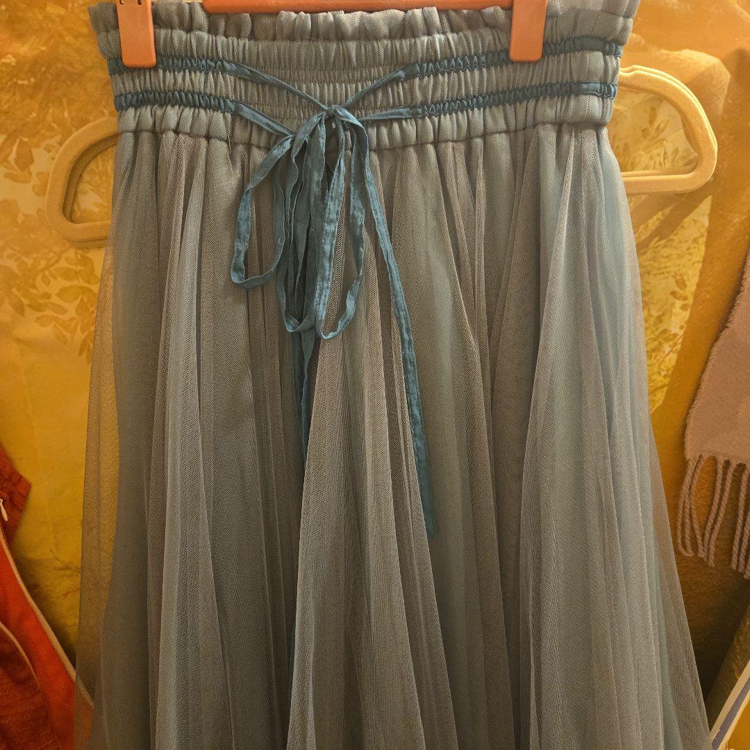 ラベルエチュード ダブルリボンELLA グリーン チュールロングスカート