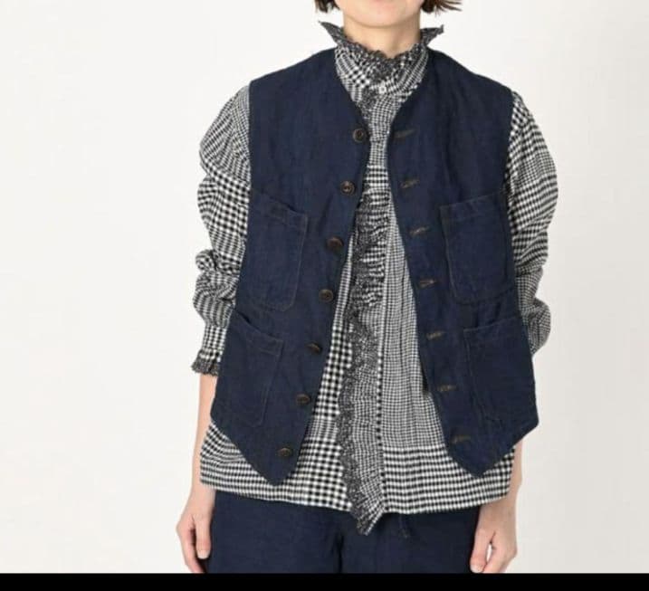 45R　春風インドカディのフリルブラウス　影色ギンガムチェック