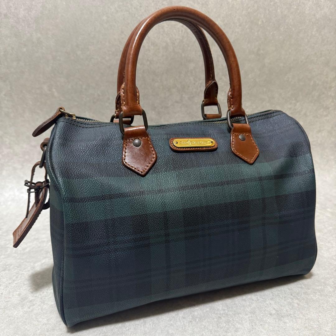 【ポロラルフローレン】美品　ミニボストンバッグ　レザー　チェック柄　グリーン