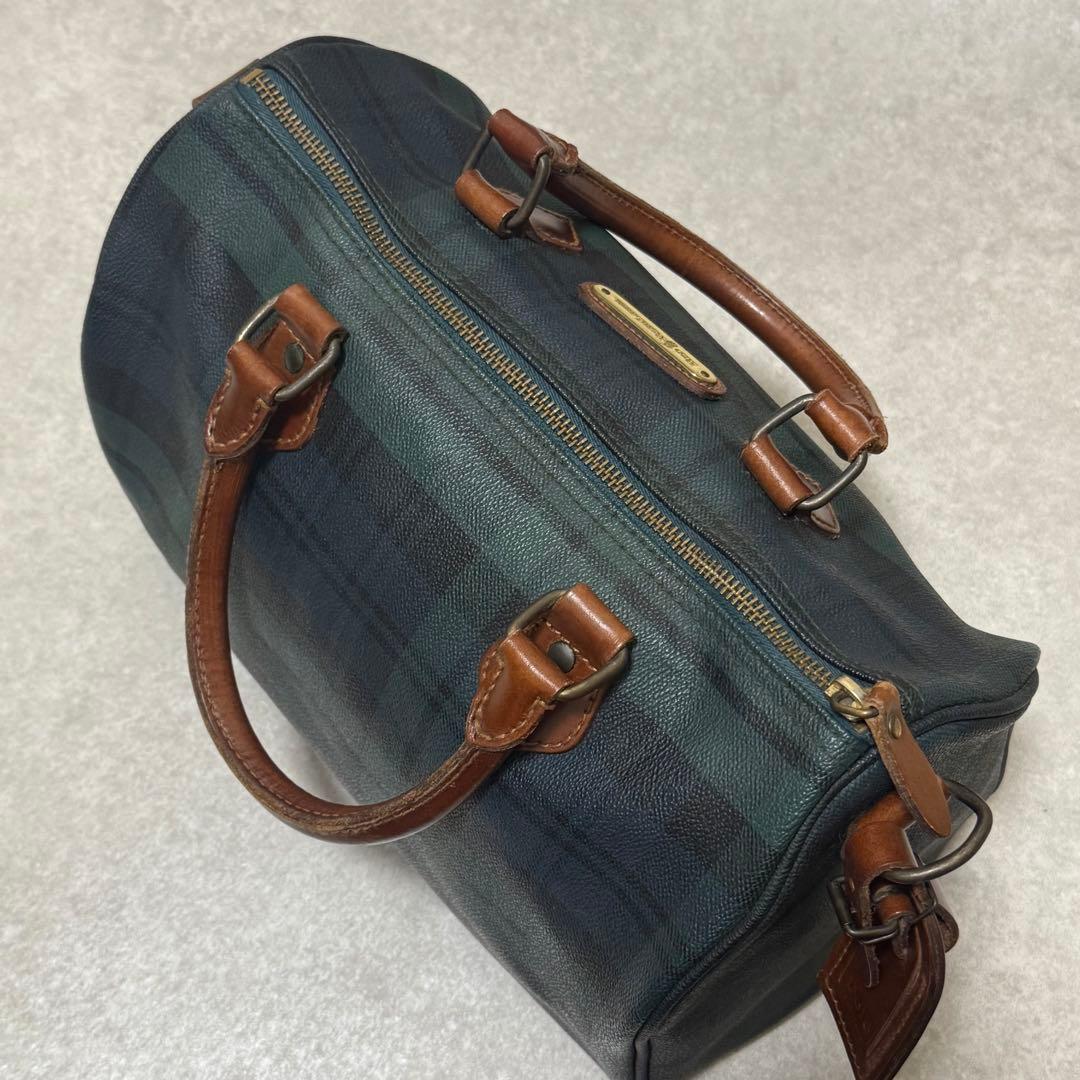 【ポロラルフローレン】美品　ミニボストンバッグ　レザー　チェック柄　グリーン