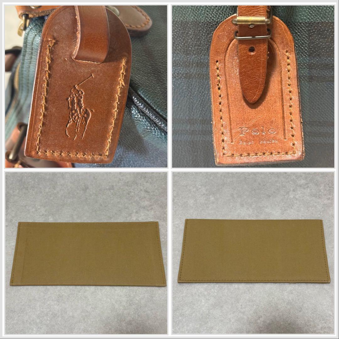 【ポロラルフローレン】美品　ミニボストンバッグ　レザー　チェック柄　グリーン