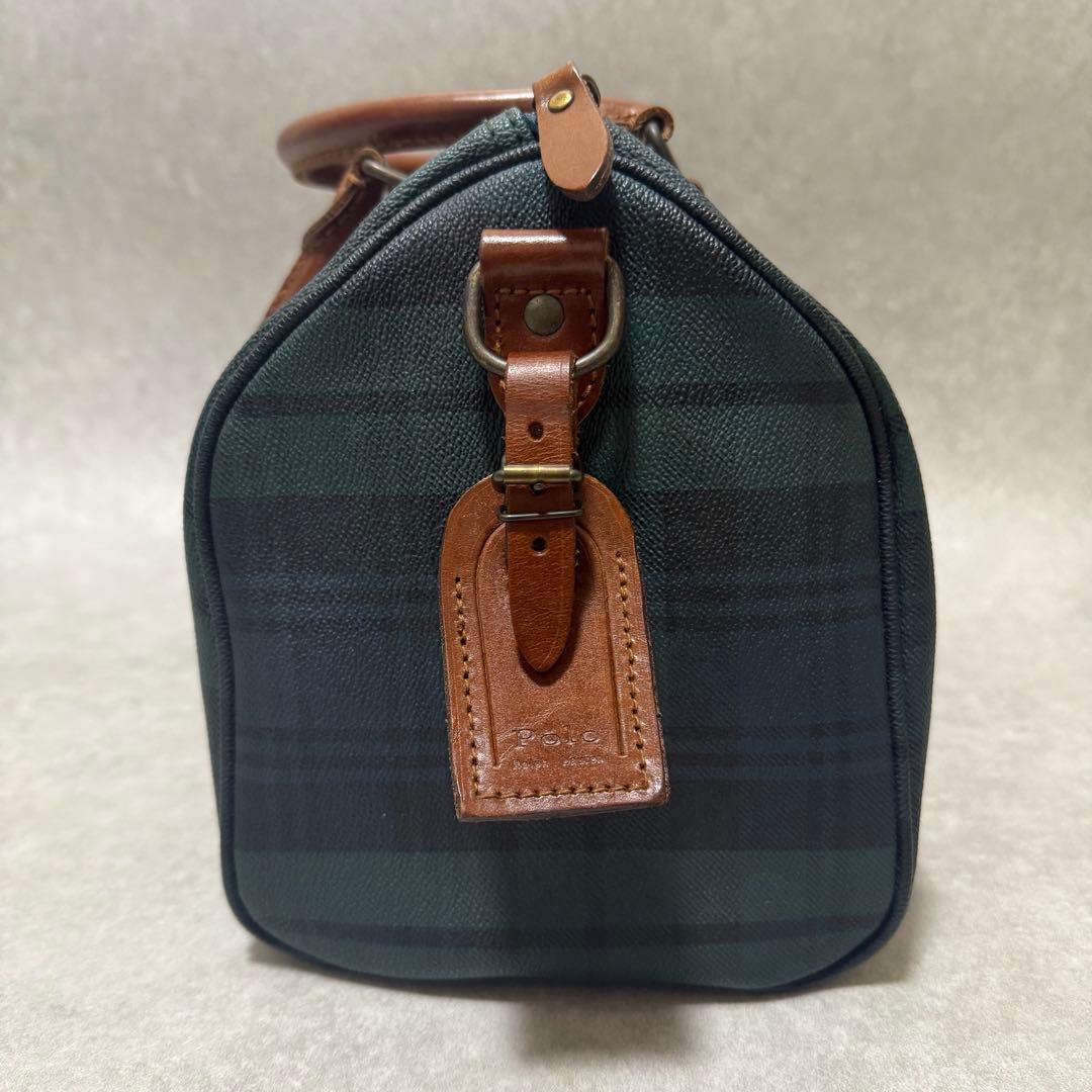 【ポロラルフローレン】美品　ミニボストンバッグ　レザー　チェック柄　グリーン