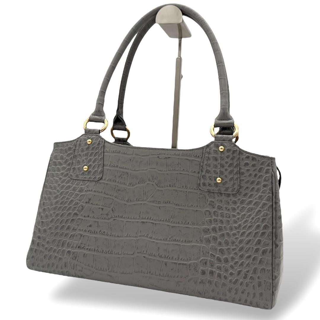 ハマノ ミニボストンバッグ コッコビアン クロコ型押しレザー グレー