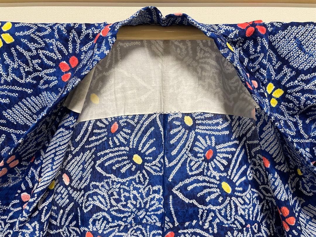 G 美品 有松鳴海絞り 蝶模様 青 綿 浴衣 着物