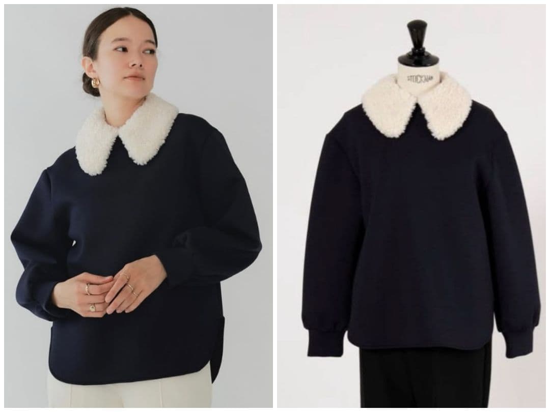 YORI ヨリ/2025 テディカラープルオーバー　ボア　トップス　ネイビー