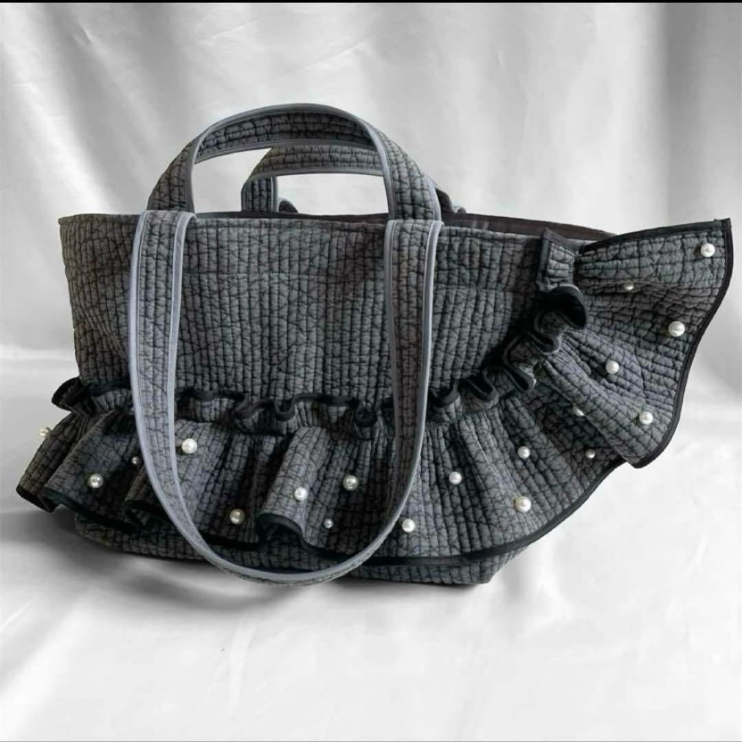 新作♡ヌビバッグ　フリルギャザー　ダークグレー×ブラック　パール　底板マグネット